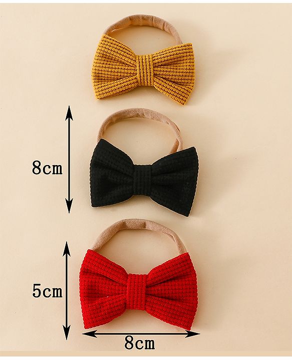 Babyhug Headband Bow Applique Free Size-Pack of 3-Red,Yellow,Black
