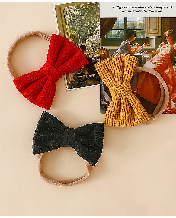 Babyhug Headband Bow Applique Free Size-Pack of 3-Red,Yellow,Black