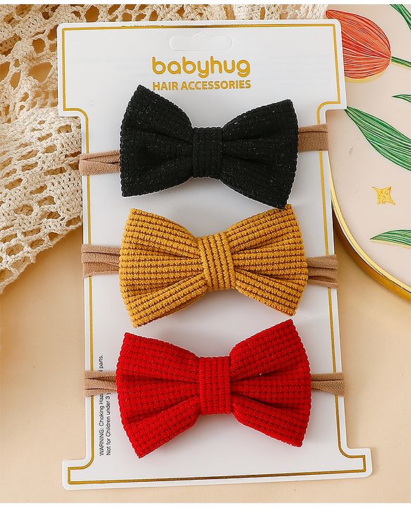Babyhug Headband Bow Applique Free Size-Pack of 3-Red,Yellow,Black