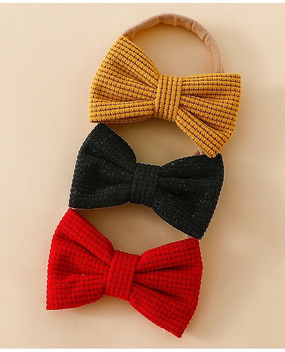 Babyhug Headband Bow Applique Free Size-Pack of 3-Red,Yellow,Black