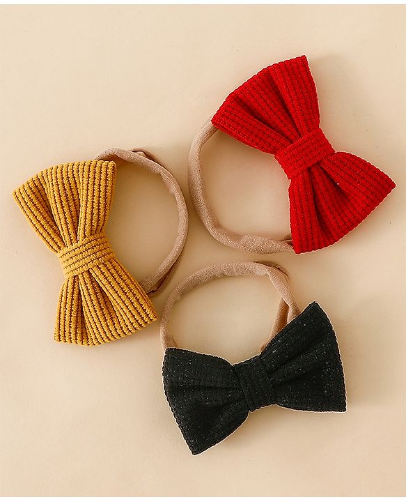 Babyhug Headband Bow Applique Free Size-Pack of 3-Red,Yellow,Black