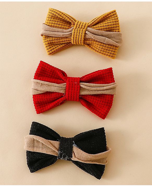 Babyhug Headband Bow Applique Free Size-Pack of 3-Red,Yellow,Black