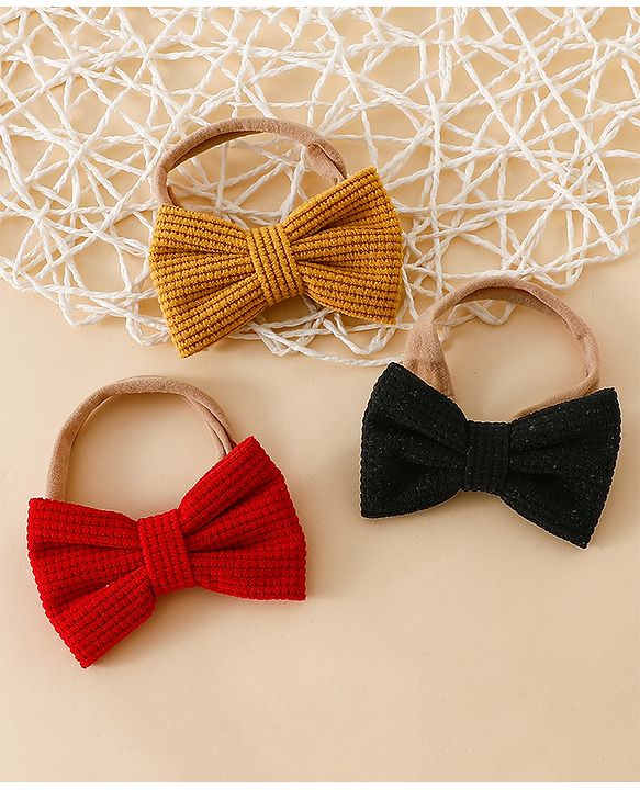 Babyhug Headband Bow Applique Free Size-Pack of 3-Red,Yellow,Black