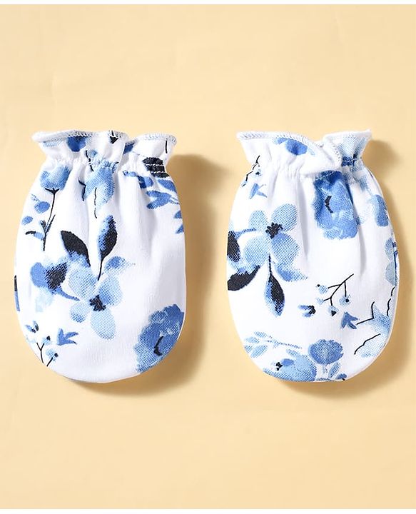 Babyhug 100% Cotton Knit Floral Printed Mittens & Booties Set - Blue