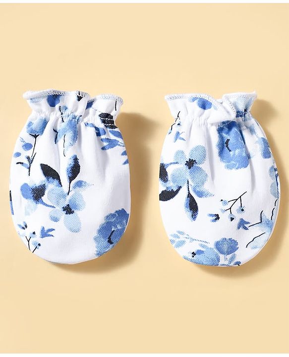 Babyhug 100% Cotton Knit Floral Printed Mittens & Booties Set - Blue