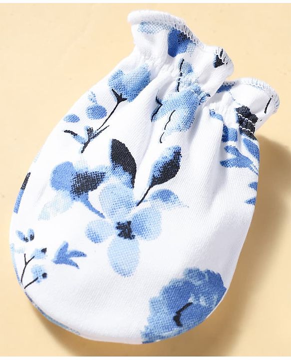 Babyhug 100% Cotton Knit Floral Printed Mittens & Booties Set - Blue