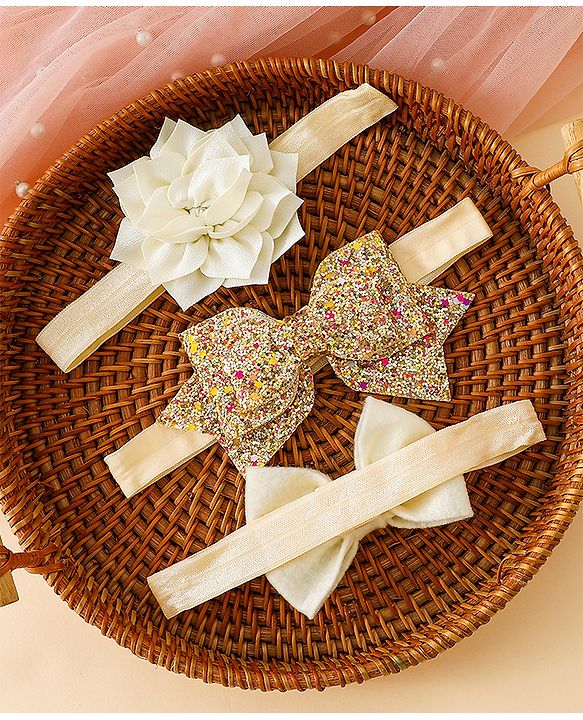 Babyhug Free Size Hedbands With Floral & Bow Applique - Beige