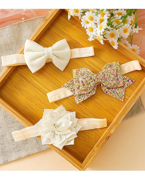 Babyhug Free Size Hedbands With Floral & Bow Applique - Beige