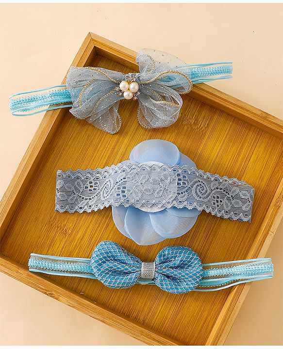 Babyhug Free Size Hedbands With Floral & Bow Applique - Light Blue