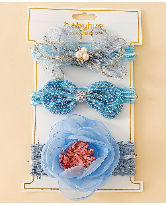 Babyhug Free Size Hedbands With Floral & Bow Applique - Light Blue