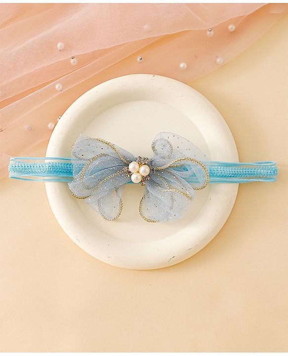 Babyhug Free Size Hedbands With Floral & Bow Applique - Light Blue