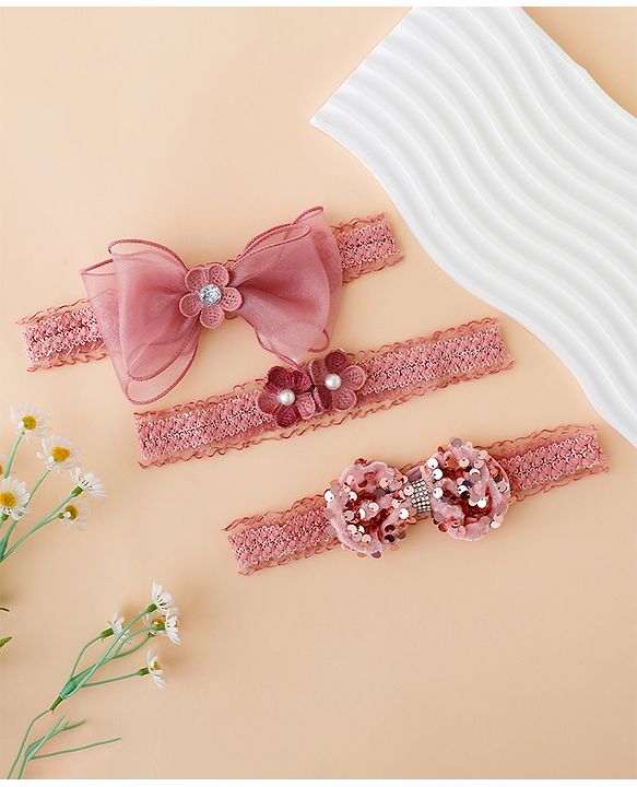 Babyhug Free Size Hedbands With Floral & Bow Applique - Light Red