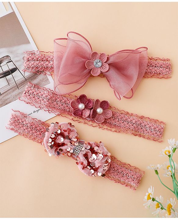Babyhug Free Size Hedbands With Floral & Bow Applique - Light Red