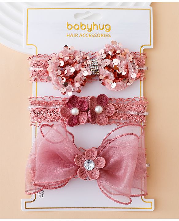 Babyhug Free Size Hedbands With Floral & Bow Applique - Light Red