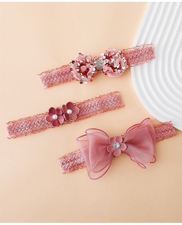Babyhug Free Size Hedbands With Floral & Bow Applique - Light Red