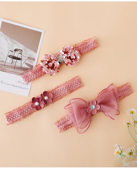 Babyhug Free Size Hedbands With Floral & Bow Applique - Light Red
