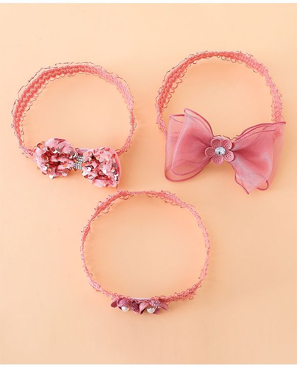 Babyhug Free Size Hedbands With Floral & Bow Applique - Light Red