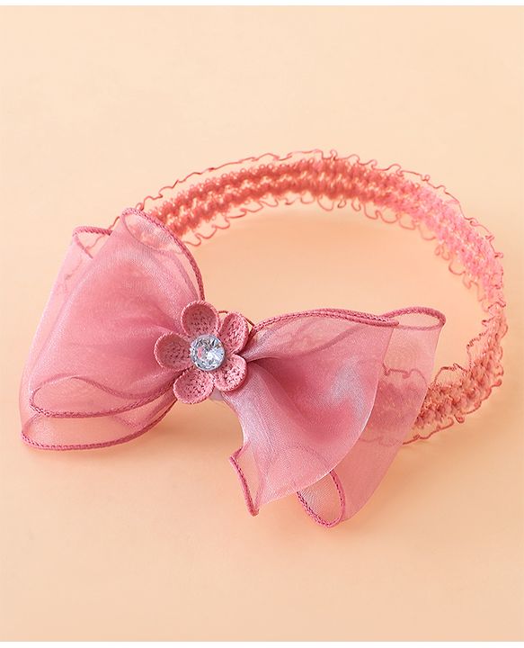 Babyhug Free Size Hedbands With Floral & Bow Applique - Light Red