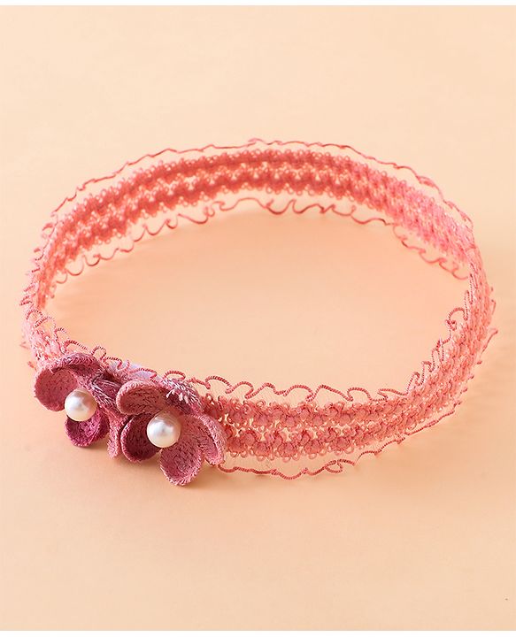 Babyhug Free Size Hedbands With Floral & Bow Applique - Light Red