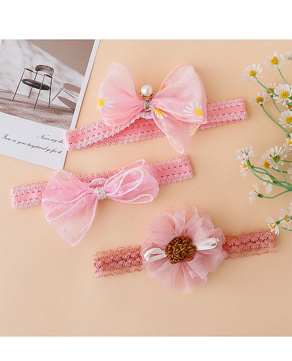 Babyhug Free Size Hedbands With Floral & Bow Applique - Pink