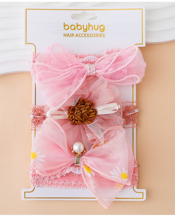 Babyhug Free Size Hedbands With Floral & Bow Applique - Pink