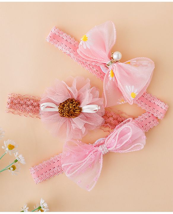 Babyhug Free Size Hedbands With Floral & Bow Applique - Pink