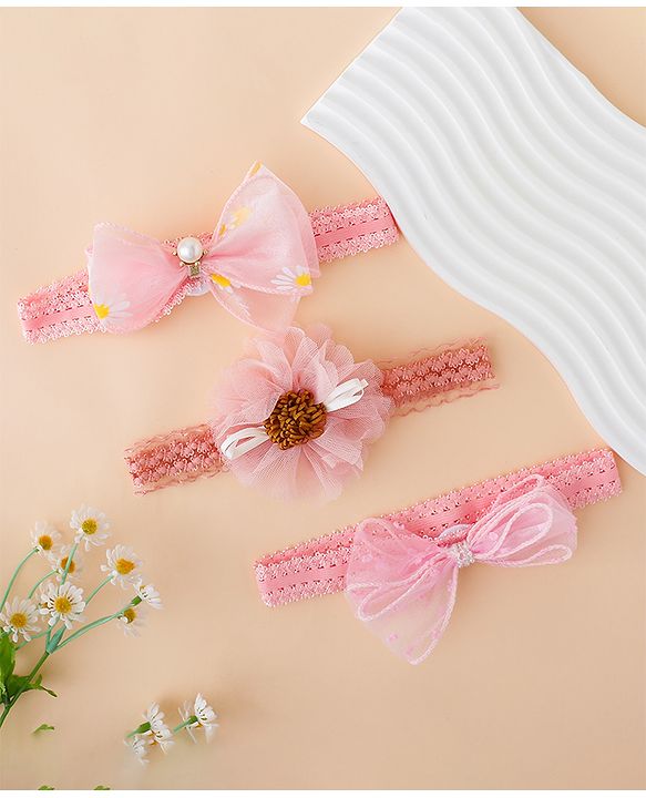 Babyhug Free Size Hedbands With Floral & Bow Applique - Pink