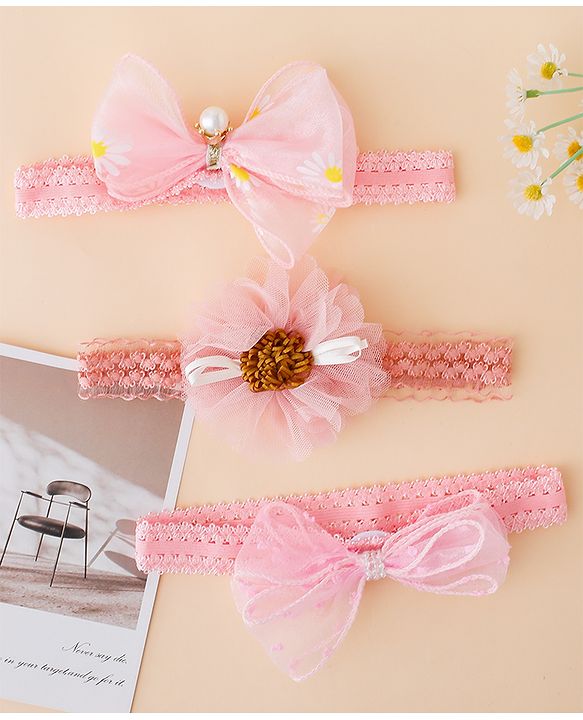 Babyhug Free Size Hedbands With Floral & Bow Applique - Pink
