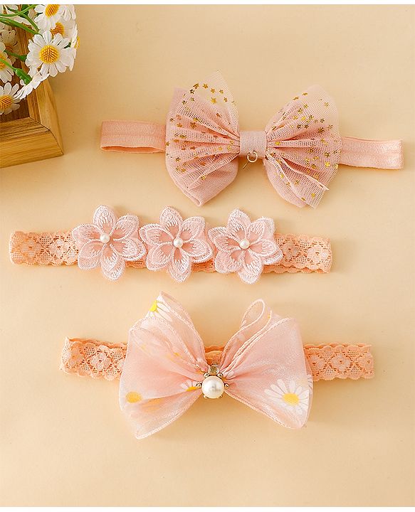 Babyhug Free Size Hedbands With Floral & Bow Applique - Light Orange