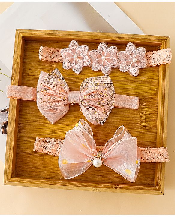 Babyhug Free Size Hedbands With Floral & Bow Applique - Light Orange