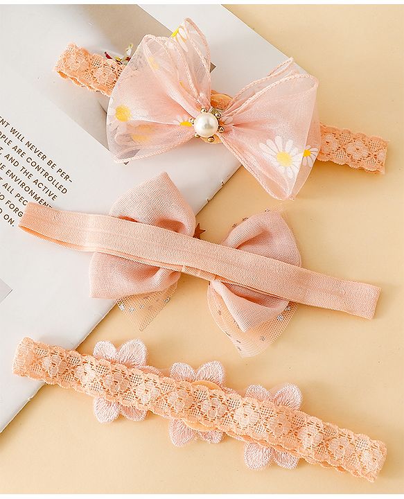 Babyhug Free Size Hedbands With Floral & Bow Applique - Light Orange