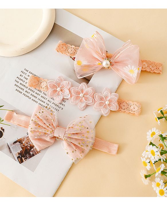 Babyhug Free Size Hedbands With Floral & Bow Applique - Light Orange