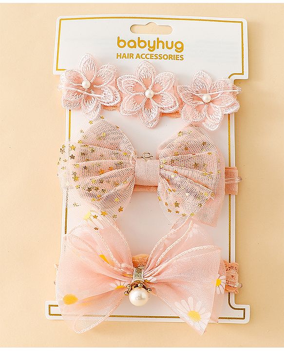 Babyhug Free Size Hedbands With Floral & Bow Applique - Light Orange