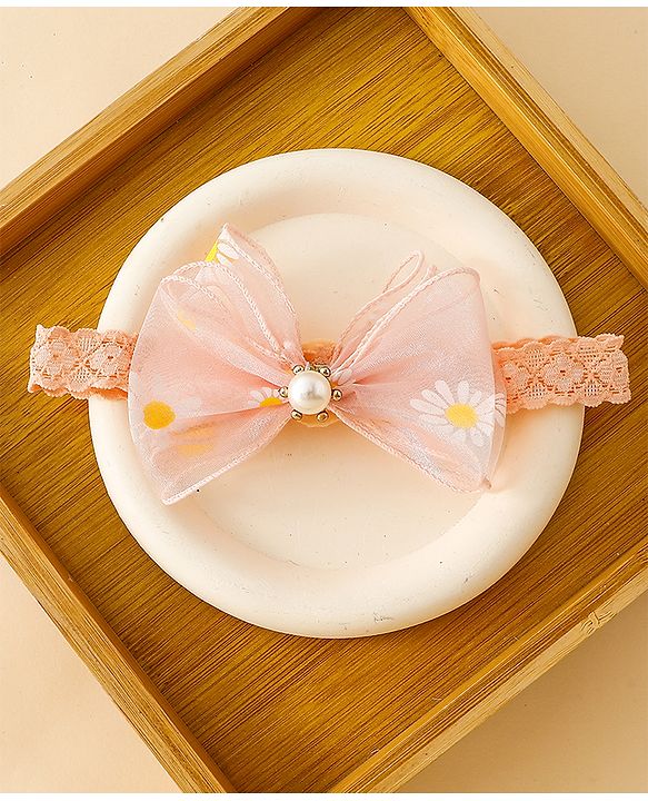 Babyhug Free Size Hedbands With Floral & Bow Applique - Light Orange