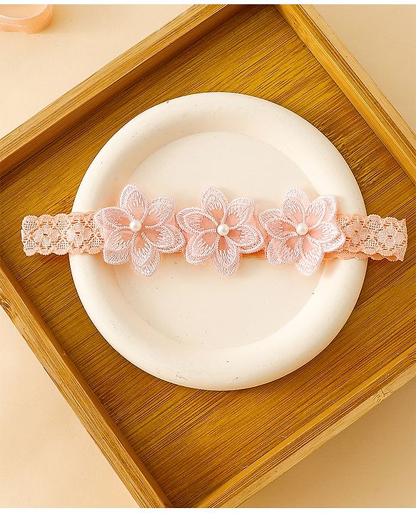 Babyhug Free Size Hedbands With Floral & Bow Applique - Light Orange