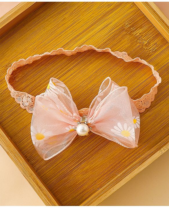 Babyhug Free Size Hedbands With Floral & Bow Applique - Light Orange