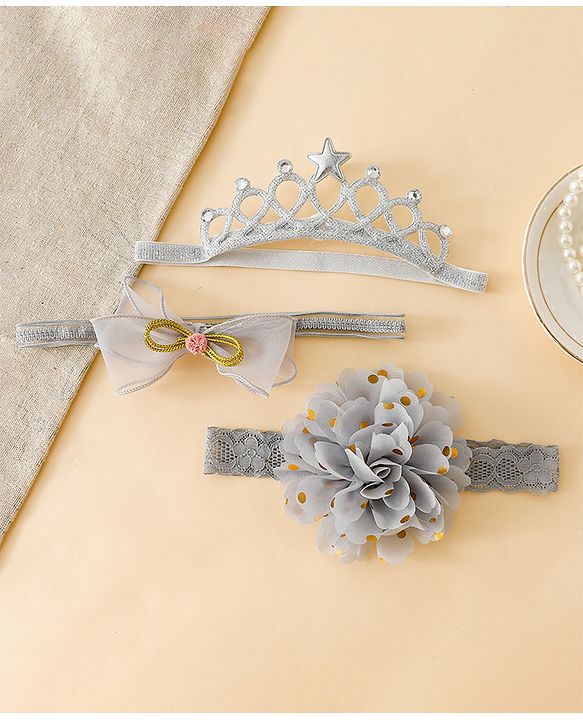 Babyhug Free Size Hedbands With Floral & Bow Applique - Grey