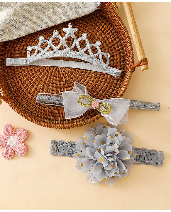 Babyhug Free Size Hedbands With Floral & Bow Applique - Grey