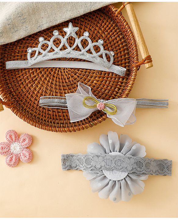 Babyhug Free Size Hedbands With Floral & Bow Applique - Grey