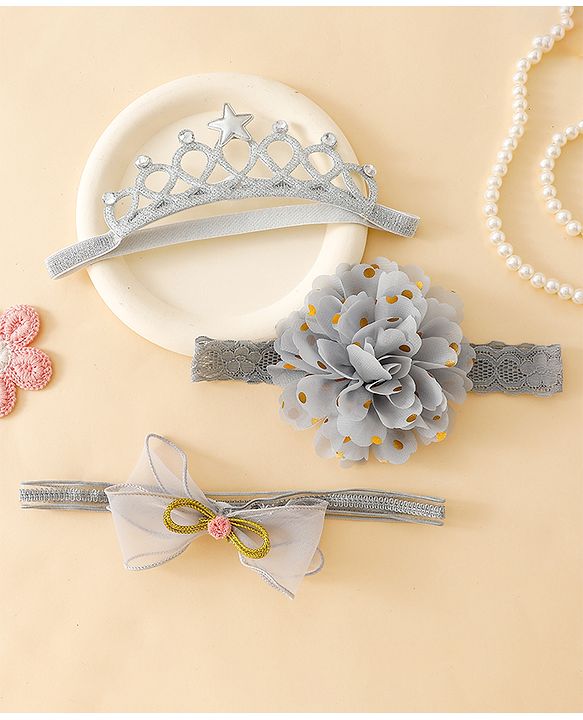 Babyhug Free Size Hedbands With Floral & Bow Applique - Grey