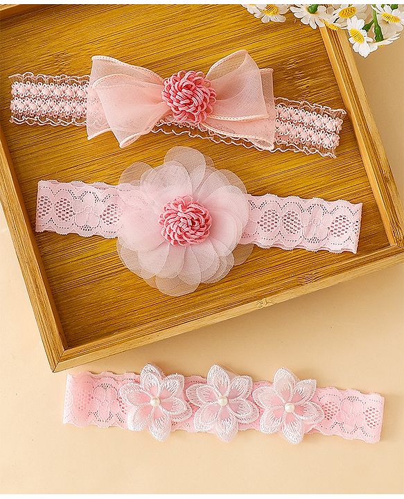 Babyhug Free Size Hedbands With Floral & Bow Applique - Pink