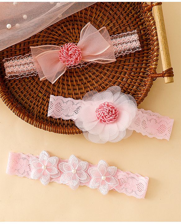Babyhug Free Size Hedbands With Floral & Bow Applique - Pink