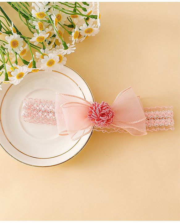 Babyhug Free Size Hedbands With Floral & Bow Applique - Pink