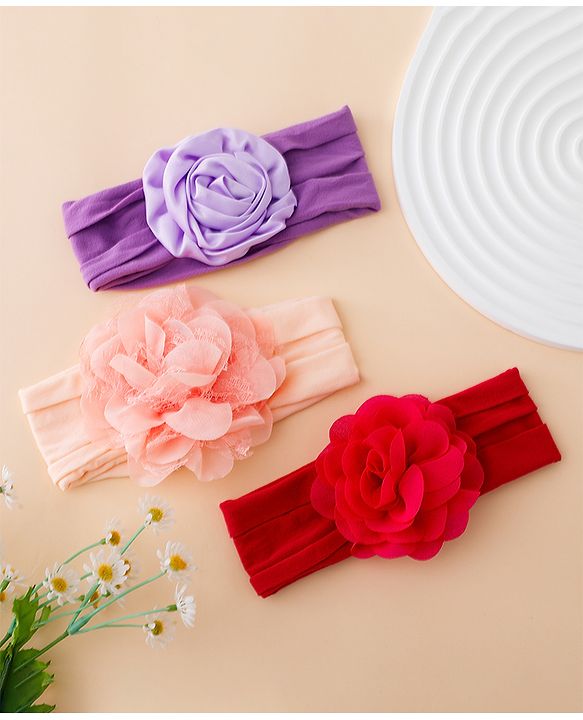 Babyhug Free Size Headbands With Floral Applique Pack of 3 - Multicolor