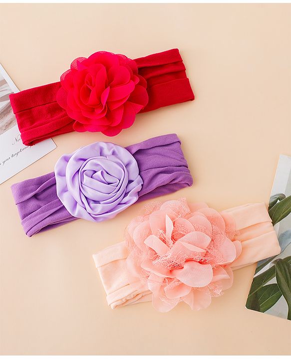 Babyhug Free Size Headbands With Floral Applique Pack of 3 - Multicolor