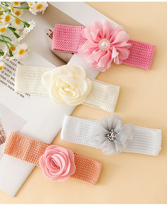 Babyhug Free Size Headbands With Floral Applique Pack of 4 - Multicolor