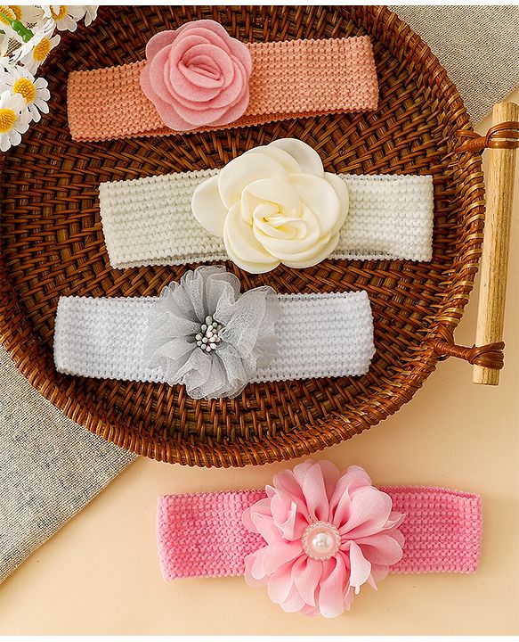 Babyhug Free Size Headbands With Floral Applique Pack of 4 - Multicolor