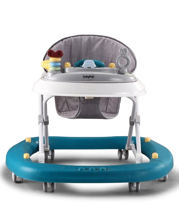 Babyhug Musical Baby Walker with Rocker Function 2-in-1 Convertible Adjustable Height| Compact Fold| Activity Toy Tray Stable Design Multi-Directional Wheels 624 Months - Blue