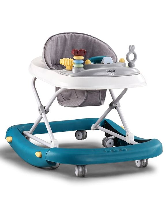 Babyhug Musical Baby Walker with Rocker Function 2-in-1 Convertible Adjustable Height| Compact Fold| Activity Toy Tray Stable Design Multi-Directional Wheels 624 Months - Blue