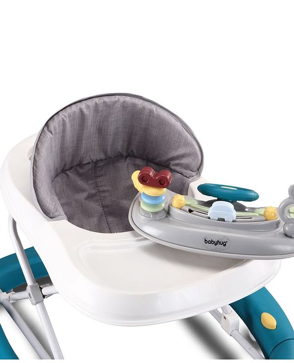 Babyhug Musical Baby Walker with Rocker Function 2-in-1 Convertible Adjustable Height| Compact Fold| Activity Toy Tray Stable Design Multi-Directional Wheels 624 Months - Blue